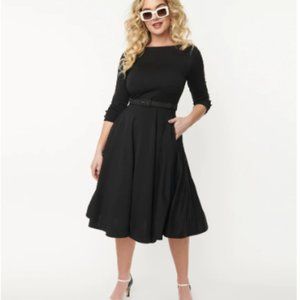 Unique Vintage Black Knit Devon Swing Dress - XL/14